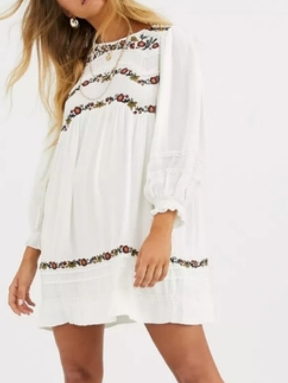 Free People Pasadena Ivory Mini Dress with Multicolor Floral Embroidery